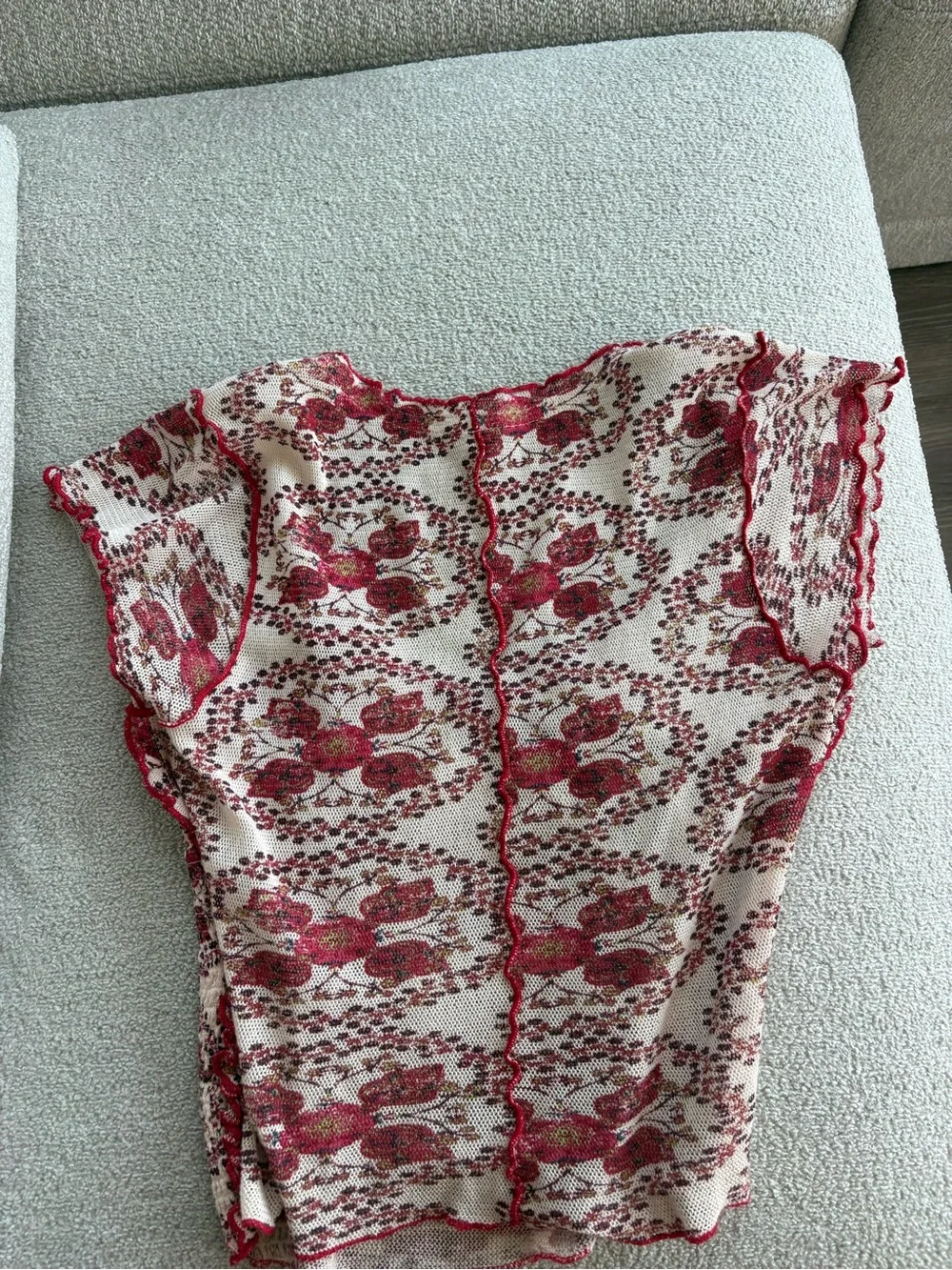 Free People Cream Mesh Top with Red Floral Print